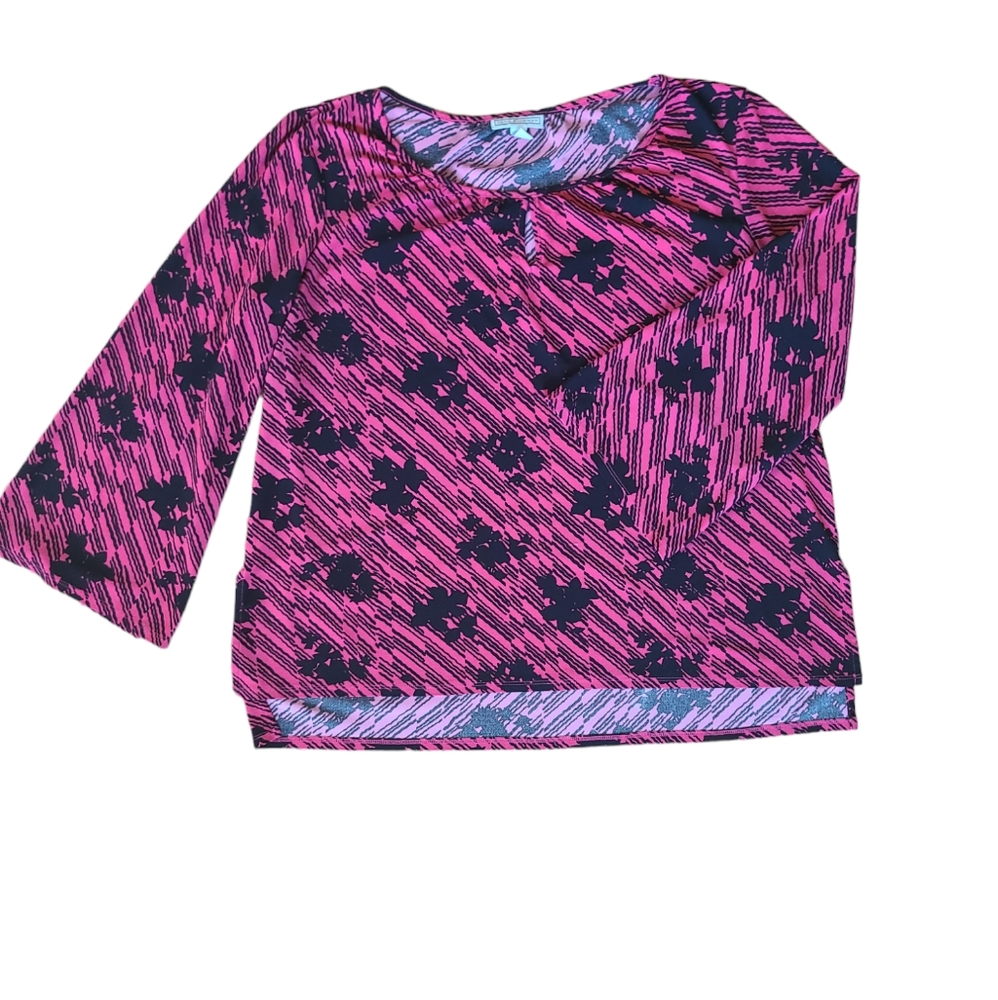 Dana Buchman tunic, career, longer back, stretchy, flair sleeves, XL
